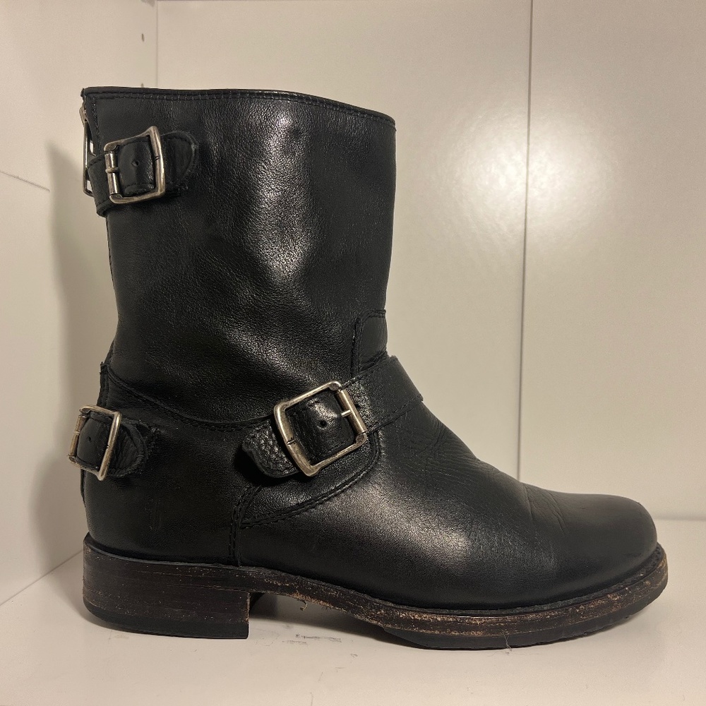 Frye leather biker buckle boots